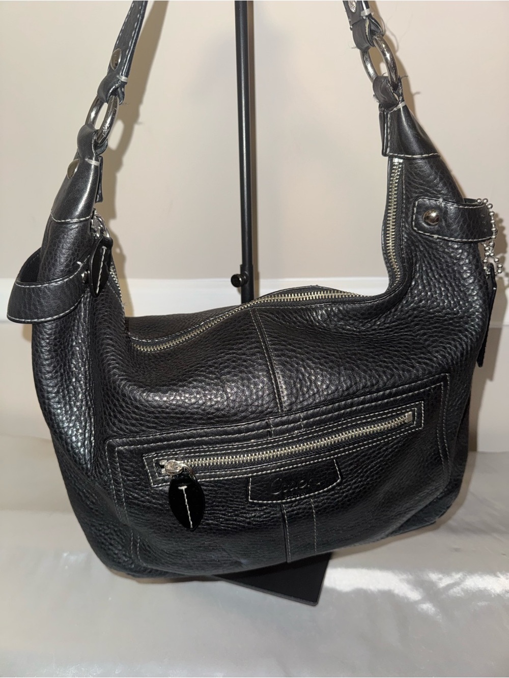 Coach Black Leather Shoulder Bag with Front Zip Pocket